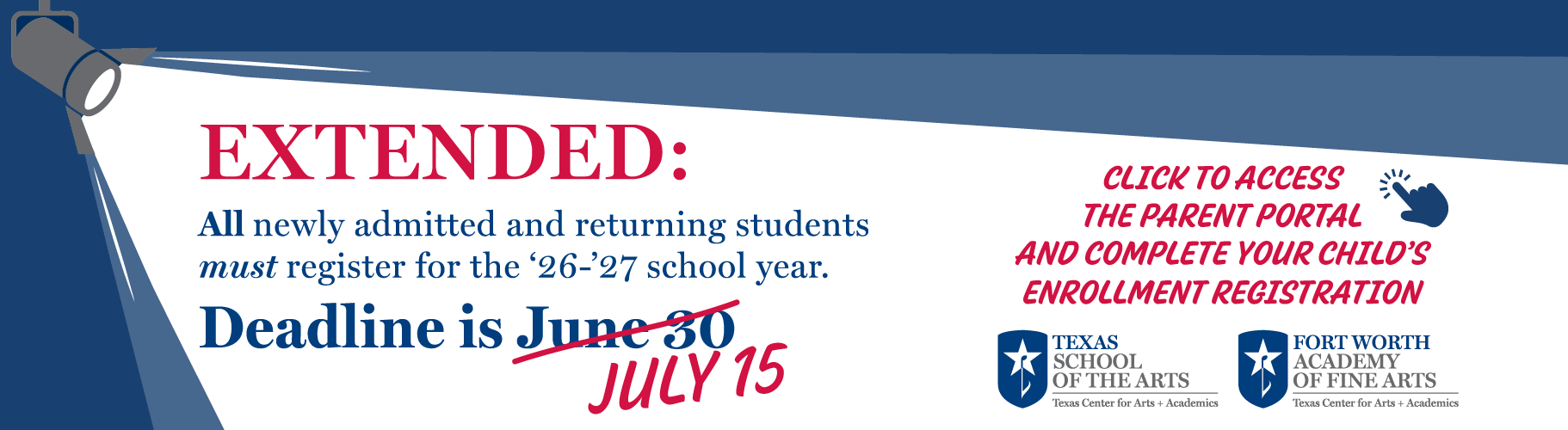 Registration extended until July 15. Click here to go to the Parent Portal
